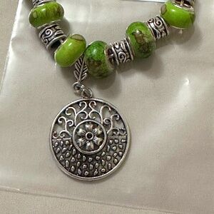 925 Sterling Silver w/Green Beads & Large Round Pendant Handmade